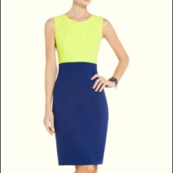 BCBGMAXAZRIA size 2 Blaire Color-Block Sheath Dress Navy Blue Neon Yellow Green - Picture 1 of 10
